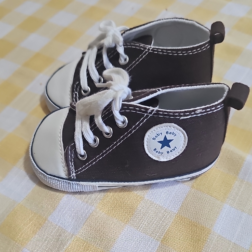 Baby Brown and White High-Top Sneakers